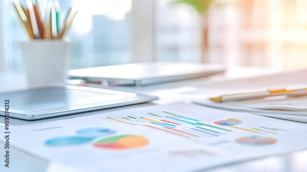 Poster business data analysis charts and graphs on desk