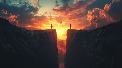 Two silhouetted figures shake hands across a large gap in the earth, set against a dramatic sunset sky, symbolizing connection and overcoming obstacles.