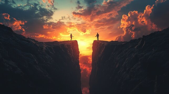 Two silhouetted figures shake hands across a large gap in the earth, set against a dramatic sunset sky, symbolizing connection and overcoming obstacles.