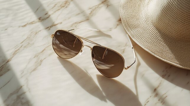 Sunglasses and Hat on Marble Surface.