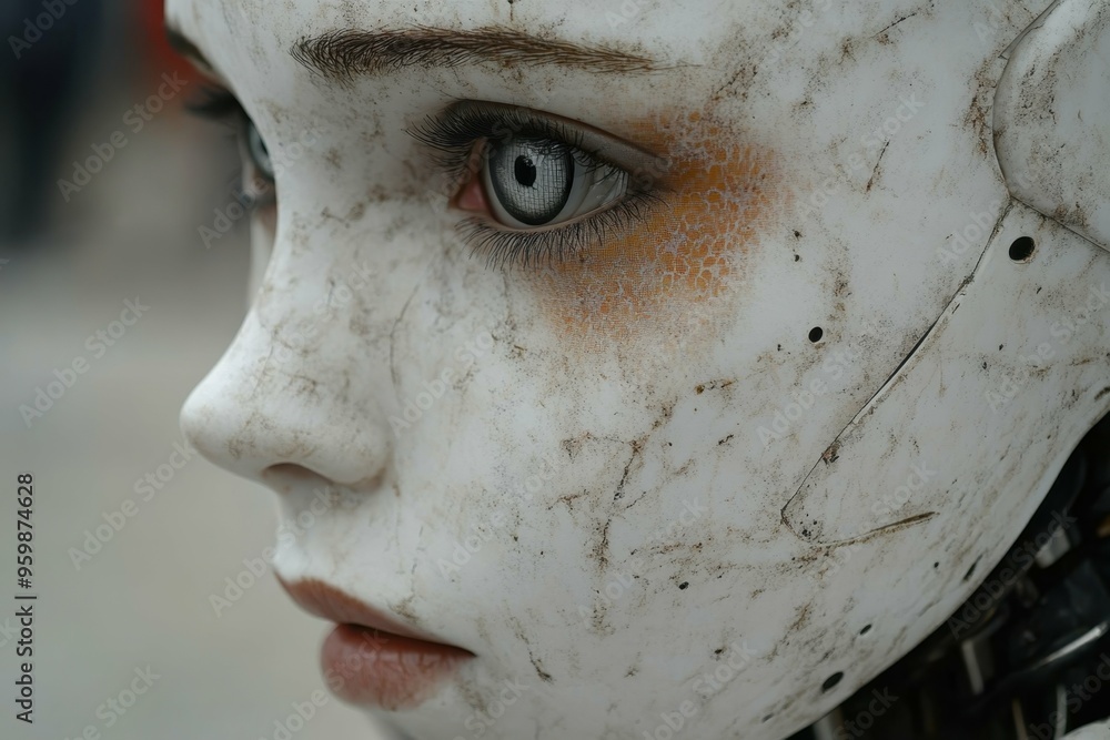 Aufkleber a close-up of a humanoid robot's face with realistic skin texture, symbolizing the advancements in a
