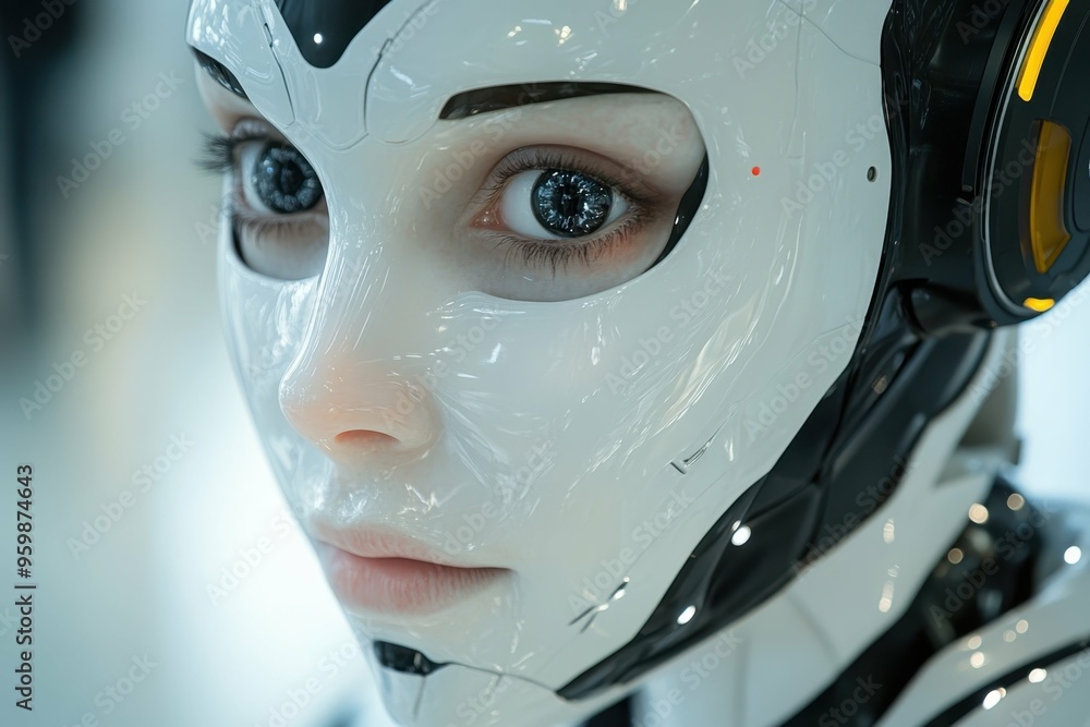 Poster a close-up of a humanoid robot's face with realistic skin texture, symbolizing the advancements in a