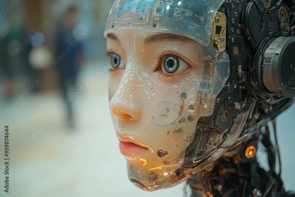 Poster a close-up of a humanoid robot's face with realistic skin texture, symbolizing the advancements in a