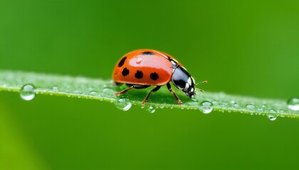 A ladybug with black spots perched on a green leaf with dewdrops.