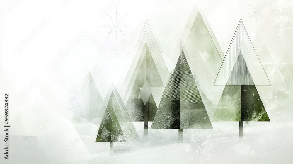 Leinwandbilder A collection of Christmas trees made from abstract geometric triangles stands peacefully in a winter forest with a soft, snowy backdrop. Generative AI