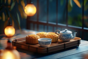 Obraz premium A Mid-Autumn Festival night scene showcasing mooncakes