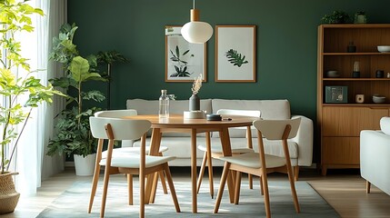 Stylish Green Living Room Photo With Wooden Furniture And Plants