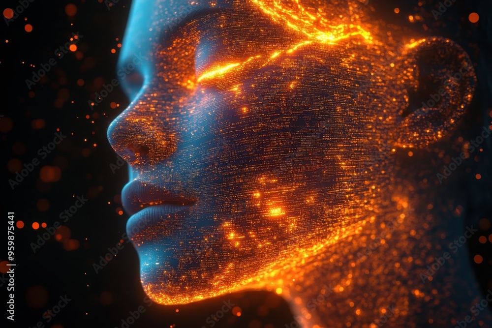 Aufkleber a glowing, abstract human face made of code and data streams, symbolizing the ai-driven analysis and