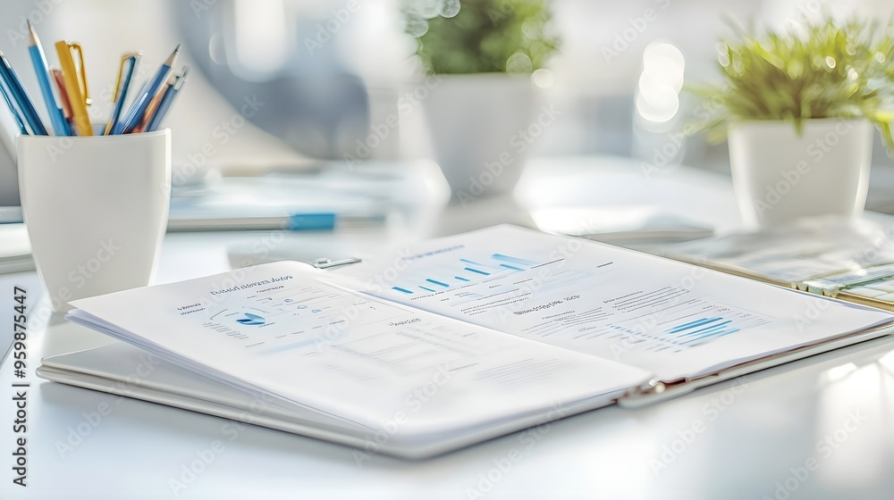 Poster business report with charts and graphs on desk