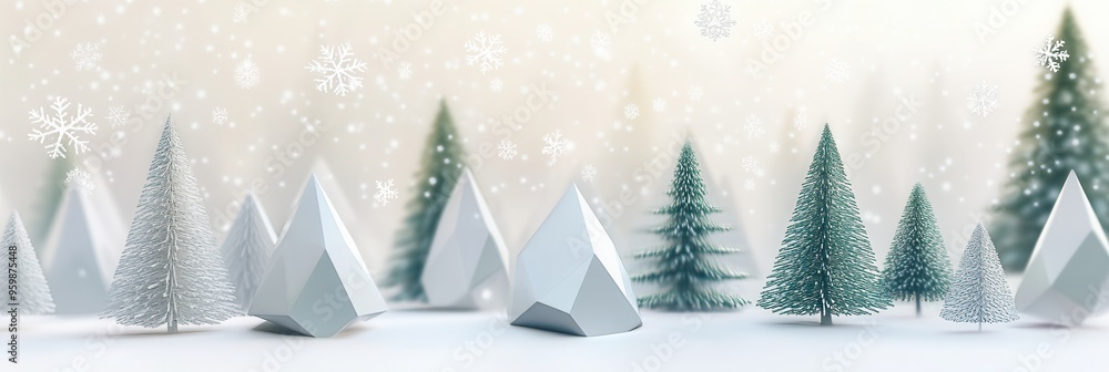 Poster Geometric shapes create a whimsical winter wonderland of Christmas trees, surrounded by soft snowfall and a tranquil atmosphere. Generative AI
