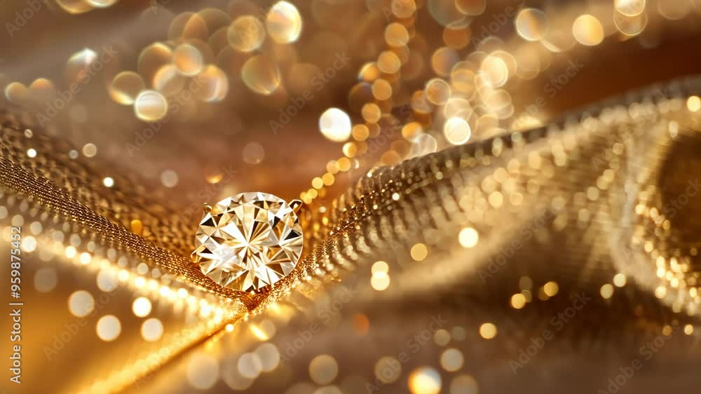 Poster shimmering diamond resting on luxurious golden fabric with soft bokeh background in a beautifully li