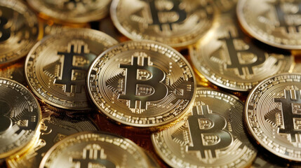 Shiny golden Bitcoin crypto pile, many BTC coins close-up background. Concept of cryptocurrency wallet and investment.