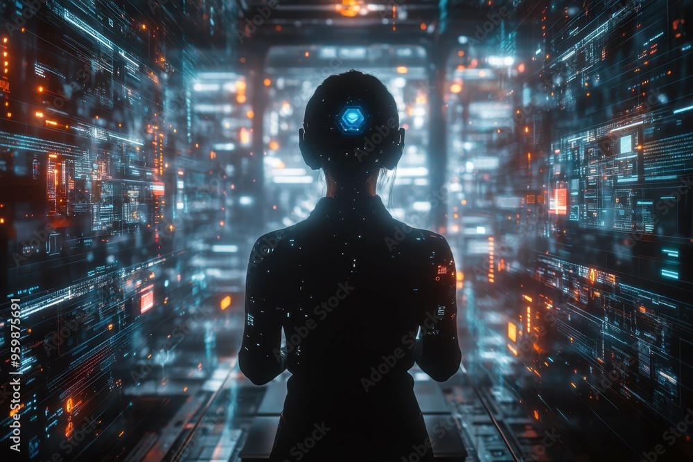 Poster a person in a futuristic workspace surrounded by holographic data streams, representing the ai-enhan