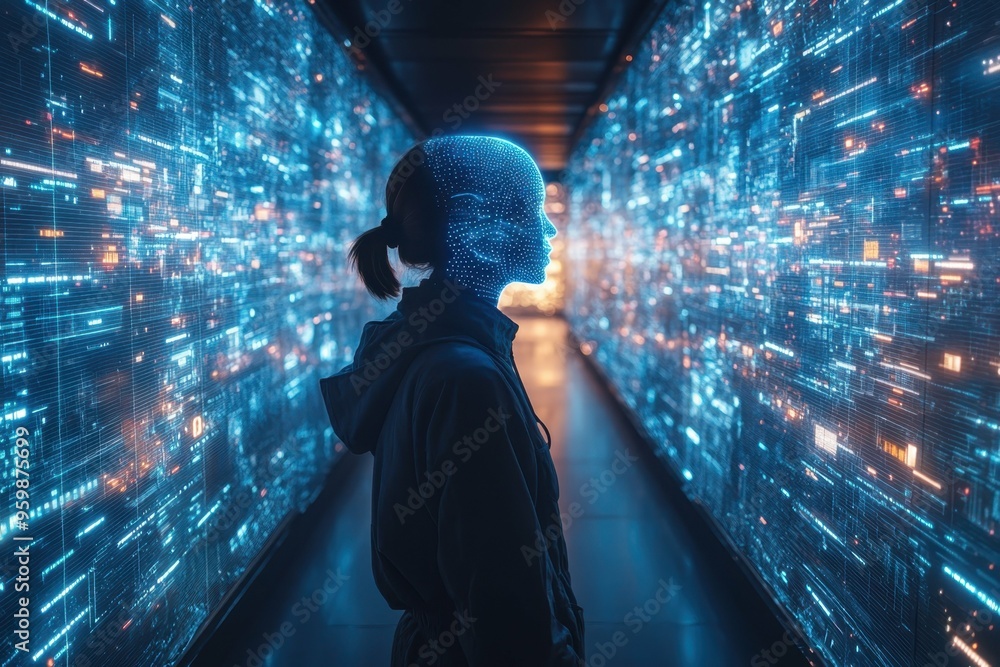 Poster a person in a futuristic workspace surrounded by holographic data streams, representing the ai-enhan