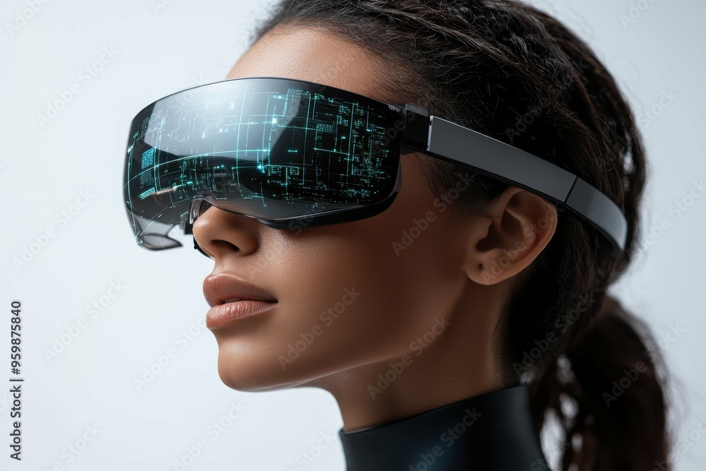 Poster a person wearing ai-driven smart glasses, interacting with a virtual environment, symbolizing the in