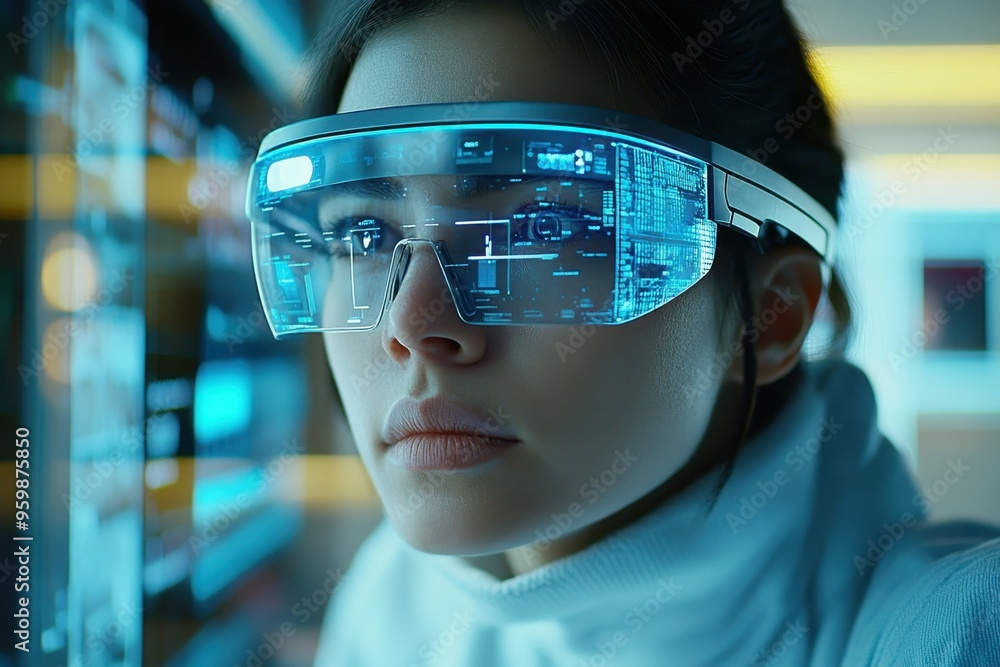 Poster a person wearing ai-driven smart glasses, interacting with a virtual environment, symbolizing the in