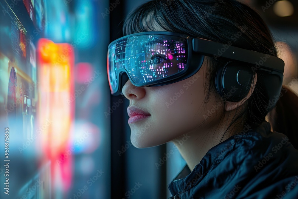 Poster a person wearing ai-driven smart glasses, interacting with a virtual environment, symbolizing the in