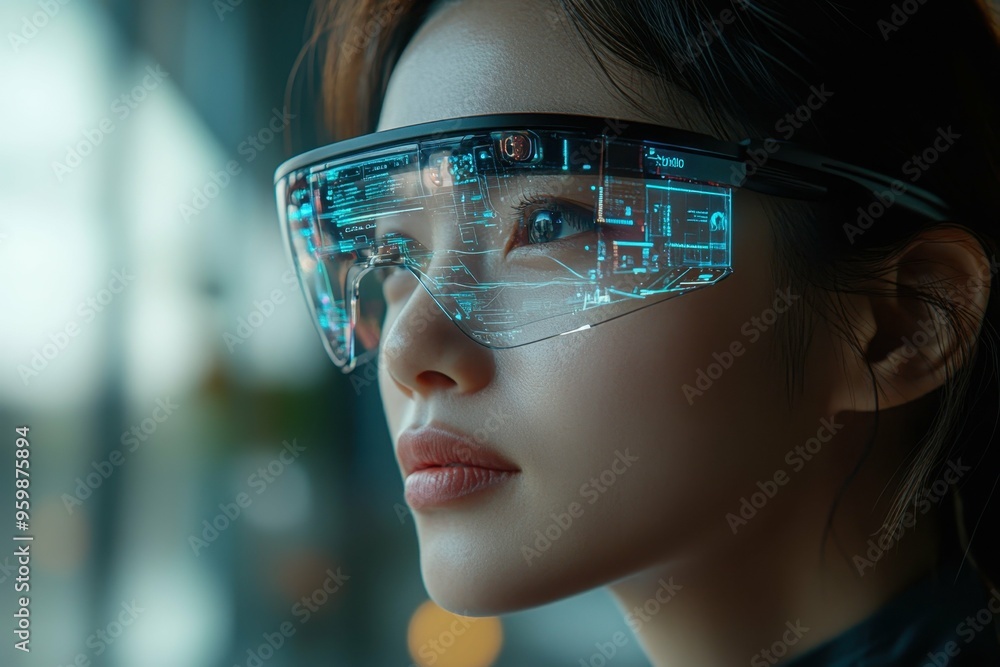 Poster a person wearing ai-driven smart glasses, interacting with a virtual environment, symbolizing the in