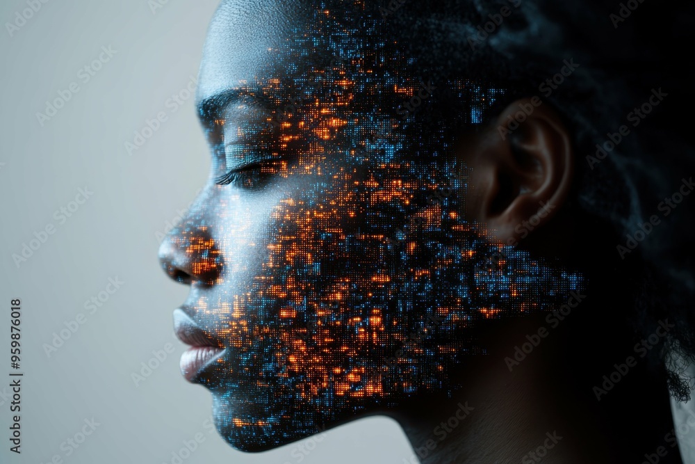 Poster a person with a partially digitalized face, blending seamlessly between human skin and pixels, repre