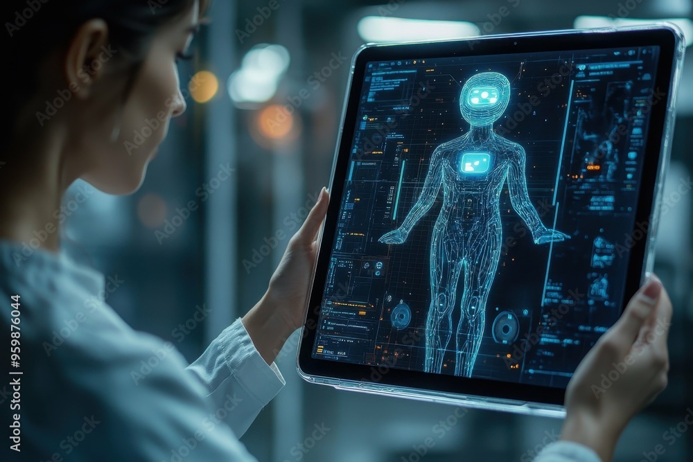 Poster a person with a transparent tablet displaying a 3d holographic ai assistant, symbolizing the integra