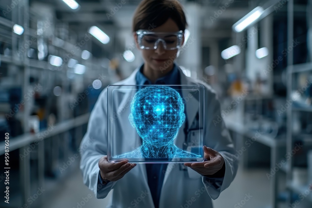 Aufkleber a scientist in a lab coat holding a transparent tablet displaying a holographic ai model, representi