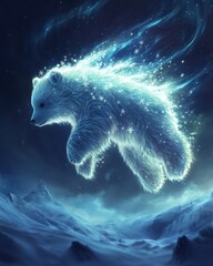 Obraz premium A magical polar bear soaring through a mystical winter landscape, surrounded by shimmering lights and enchanting snowflakes.