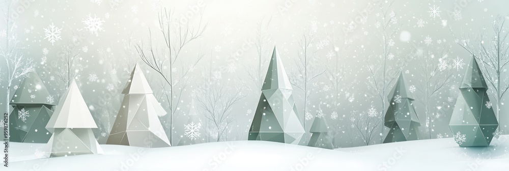 Aufkleber Abstract geometric shapes create a winter forest of triangular Christmas trees surrounded by softly falling snowflakes in a serene atmosphere. Generative AI