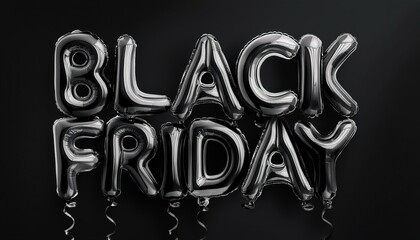 Black friday balloons are hanging from the ceiling in the shape of letters