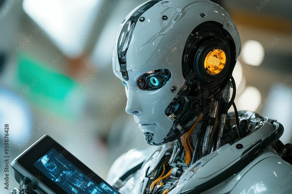 Aufkleber a close-up of a humanoid robot's face with realistic skin texture, symbolizing the advancements in a