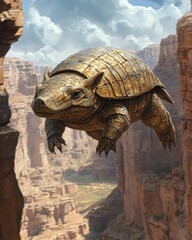 Fototapeta premium A surreal scene featuring a flying, metallic turtle soaring over a canyon landscape under a cloudy sky.