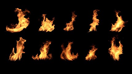 Fototapeta premium Collection of vibrant flames showcasing unique shapes and movements, ideal for backgrounds and creative designs.
