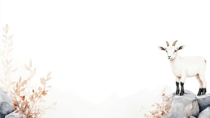 Goat standing on a rocky leaf-covered ledge, framed by delicate mountain flora, watercolor nature illustration, white background with space for text