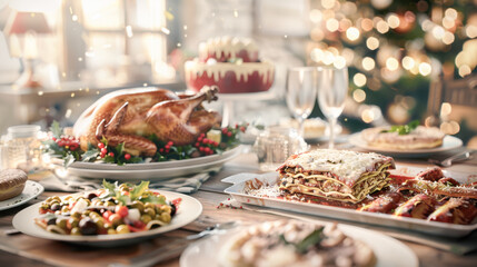 Festive Holiday Dinner Table with Gourmet Dishes, Turkey, Lasagna, Salads, Desserts, Drinks in Cozy Christmas Decor, delicious feast concept.