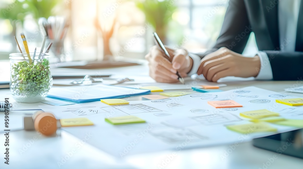 Poster designer drawing website layout with sticky notes