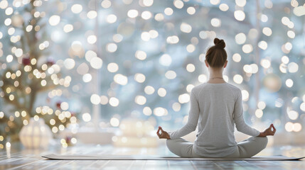 Woman practicing yoga in a peaceful Christmas setting, soft bokeh lights and decorated tree in background, tranquil meditation during festive season, mindfulness concept.