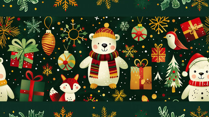 A playful Christmas pattern with a mix of adorable animals in winter attire, such as polar bears, penguins, and foxes, all surrounded by snowflakes