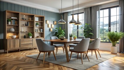 Fototapeta premium Modern dining room furniture set with table, chairs, rug, and decorations in a sophisticated and stylish living space