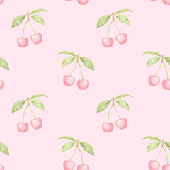 watercolor seamless pattern with pink cherries and leaves on a pink background. Children's illustration for textiles and packaging