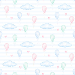 Watercolor seamless pattern with balloons, hearts and clouds in pastel shades on striped background for textiles and wrapping paper. Children's pattern