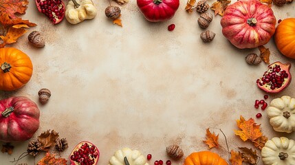Fototapeta premium A top-down view of rustic autumn pumpkins, pomegranates