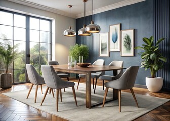Modern dining room scene with table, chairs, rug, and wall art