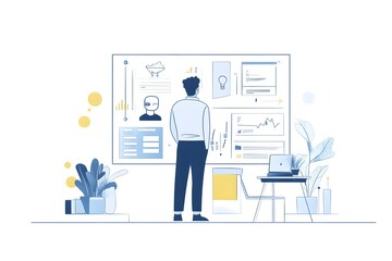 Obraz premium Man Analyzing Business Data on a Whiteboard with Graphs and Charts