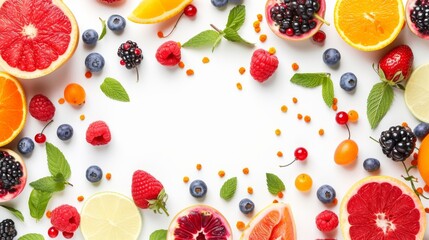 A vibrant assortment of fruits and berries arranged around a white background, featuring citrus slices, raspberries, blueberries, and mint leaves. Ideal for food-related designs and healthy lifestyle