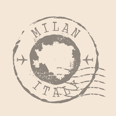 Fototapeta premium Stamp Postal of Milan is city of Italy. Map Silhouette rubber Seal. Design Retro Travel. Seal Map of Milan grunge for your design. Italy. EPS10