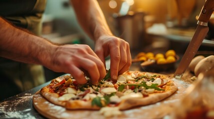 A chef carefully adds fresh toppings to a pizza in a cozy kitchen setting. The hands-on approach, wooden surface, and warm lighting create an inviting and authentic culinary atmosphere.