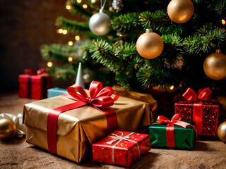 Christmas tree with presents and decorations on rustic wooden background. Selective focus.