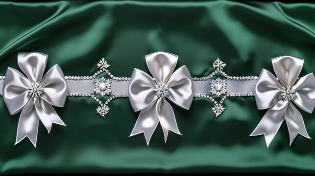 A sophisticated Christmas pattern with intricate filigree designs, silver snowflakes, and elegant ribbons