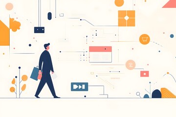 Businessman Walking Through an Abstract Digital Landscape