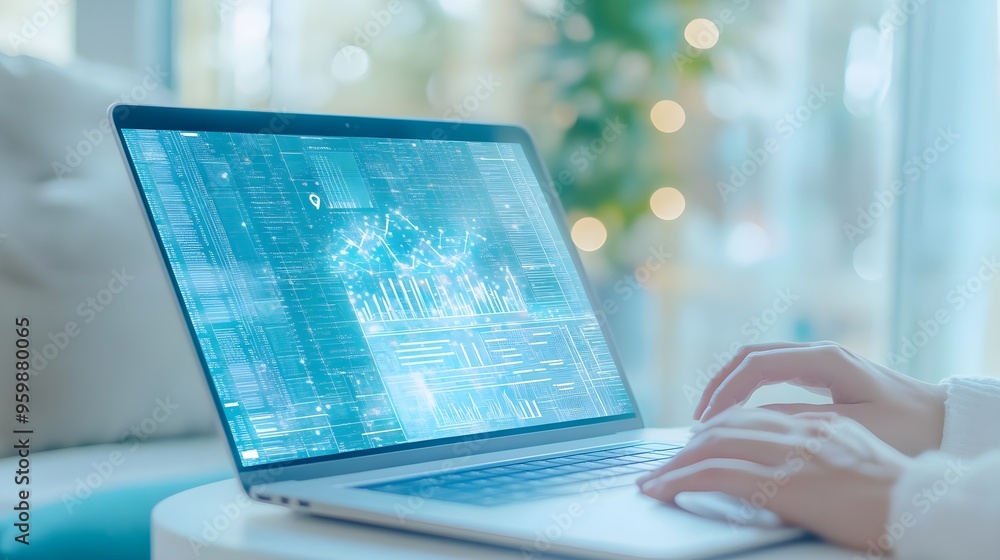 Aufkleber hands typing on laptop with data analytics on screen