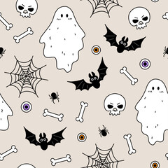 Halloween seamless pattern. Ghost, bat, skull and bones. Happy Halloween. Hand drawn vector illustration.